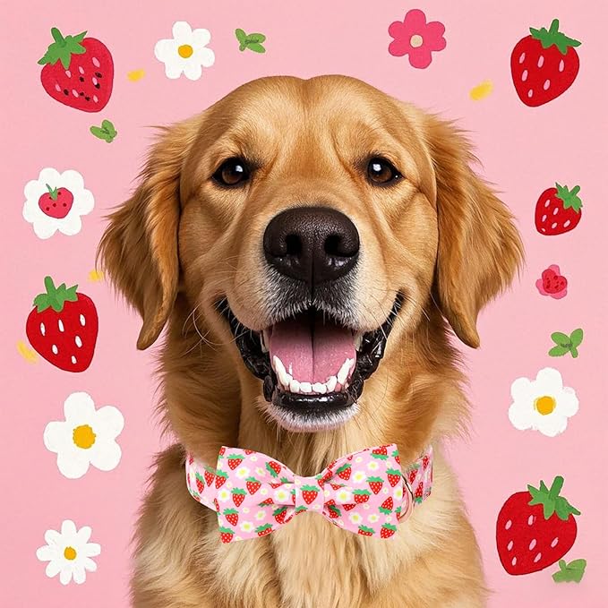 Cute Strawberry Dog Collar with Bow Tie - Adjustable Spring-Summer Pink Bowtie Collar Breathable Comfort Dog Collars for Small Medium Large Dogs M