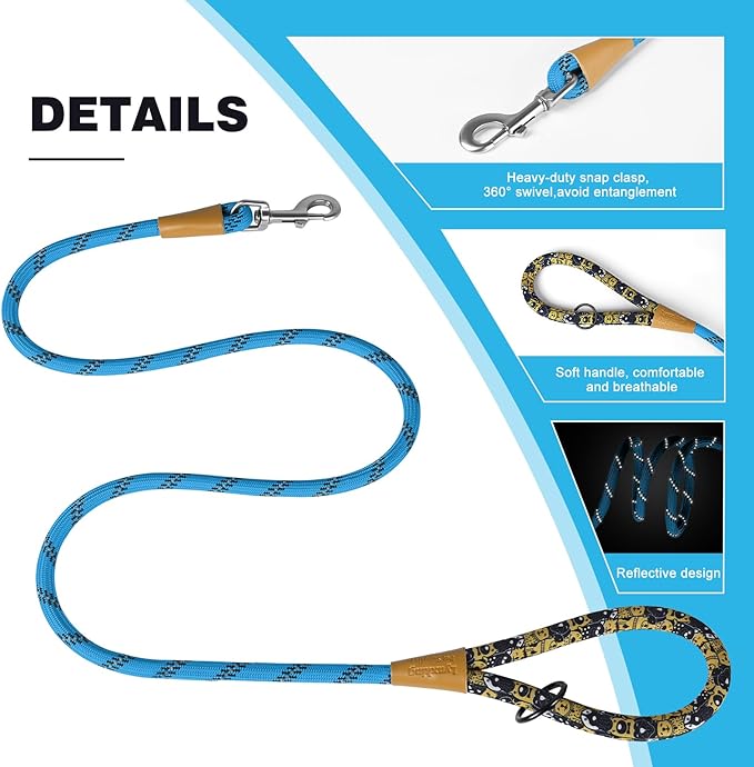 lynxking Rope Dog Leash 6 FT with Comfortable Padded Handle, Highly Reflective Threads Leash for Small Medium Large Dogs (Light Blue, 2PCS Large 1/2in x 6ft-Rope Clasp)