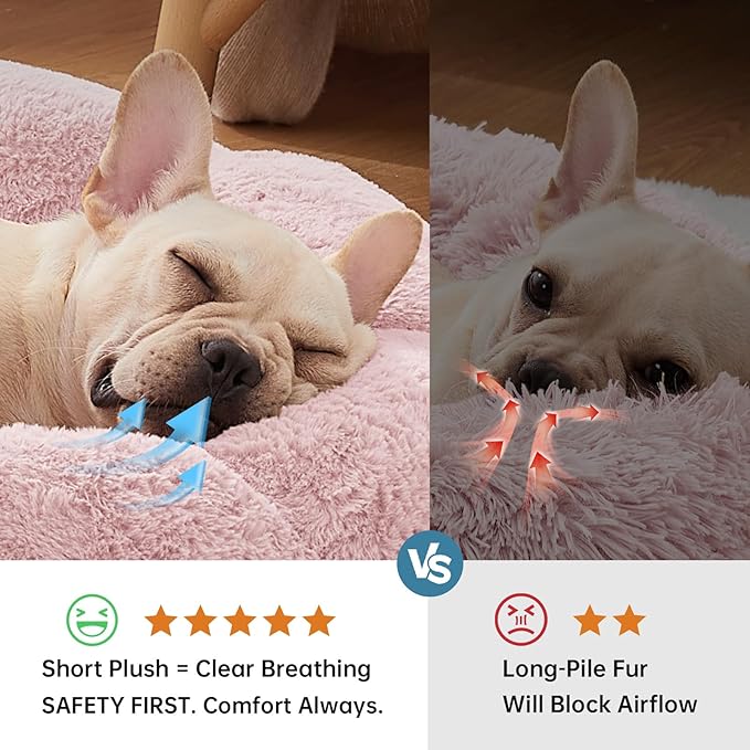 OhGeni 27 inches Calming Donut Dog & Cat Bed for Medium Pets, Warming Comfort Fluffy Short Pile Fur, Durable Machine Washable, Cute Round Bed for Puppy and Kitten, Pink