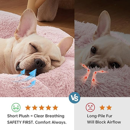 OhGeni 27 inches Calming Donut Dog & Cat Bed for Medium Pets, Warming Comfort Fluffy Short Pile Fur, Durable Machine Washable, Cute Round Bed for Puppy and Kitten, Pink