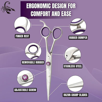 Kenchii Scorpion 7 Inch, Straight Grooming Scissors for Dogs and Pets - Premium Steel Scissors for Dog Grooming - Dog Shears Pet Grooming Accessories - Pet Hair Trimming Scissor