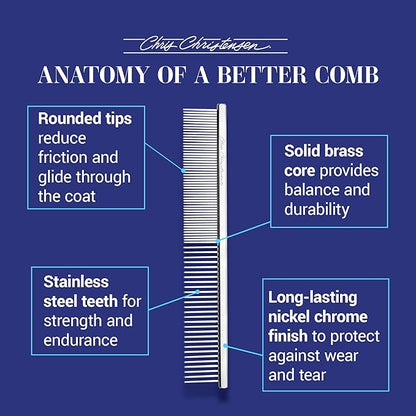 Chris Christensen 5in Face and Feet Fine/Coarse Butter Comb, Groom Like a Professional, Rounded Corners Prevent Friction and Breakage, Solid Brass Spin with Steel Teeth, Chrome Finish