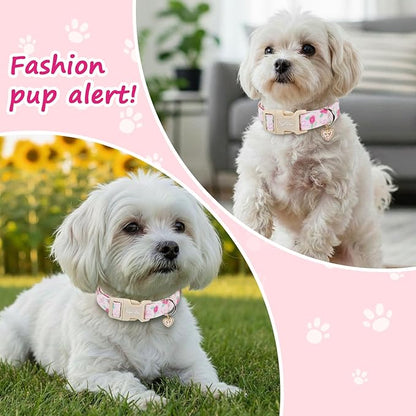Dog Collars for Small Dogs, Adjustable Pink Dog Collars with Rose Pattern, Cute Dog Collar for Dogs Spring Summer Collars for Girl Boy Dog-S