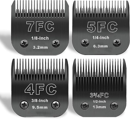 DODAER Black Detachable Pet Dog Grooming Clipper Stainless Steel Blades Set,Compatible with Andis,Oster A5,Wahl KM10 Series Clippers,4 Pack (7FC+5FC+4FC+3FC)