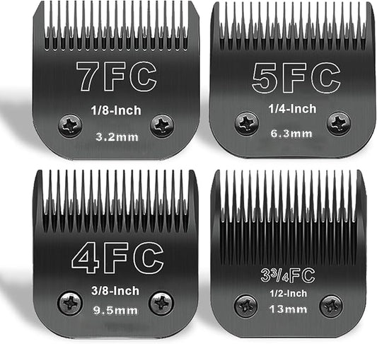 DODAER Black Detachable Pet Dog Grooming Clipper Stainless Steel Blades Set,Compatible with Andis,Oster A5,Wahl KM10 Series Clippers,4 Pack (7FC+5FC+4FC+3FC)
