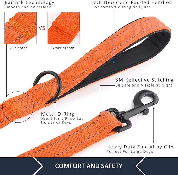 Plutus Pet Double Handle Dog Leash 4ft, Heavy Duty, Reflective Dual Handle Dog Leash for Safety Training, for Medium Large Dogs,2 Handle Leads(Orange)