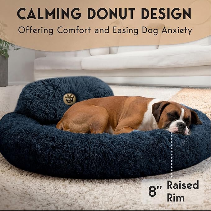 PetJett XL Dog Beds for Large Sized Dog - 45'' Extra Large Dog Bed, Anti-Slip & Washable Super Soft Round Donut Bed, Fluffy Faux Fur Anti-Anxiety Premium Comfort Pet Bed, Fits Dogs up to 120 lbs