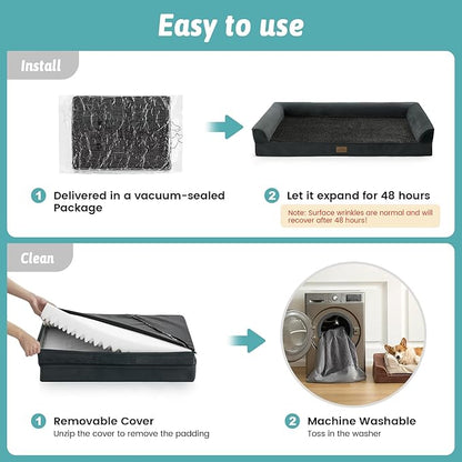 COZY KISS Orthopedic Large Dog Beds, Bolster Pet Couch with Waterproof Lining, Egg Crate Foam Sofa for Pets Up to 65 lbs, U-Shaped, 36x27x6.5 inch, Black