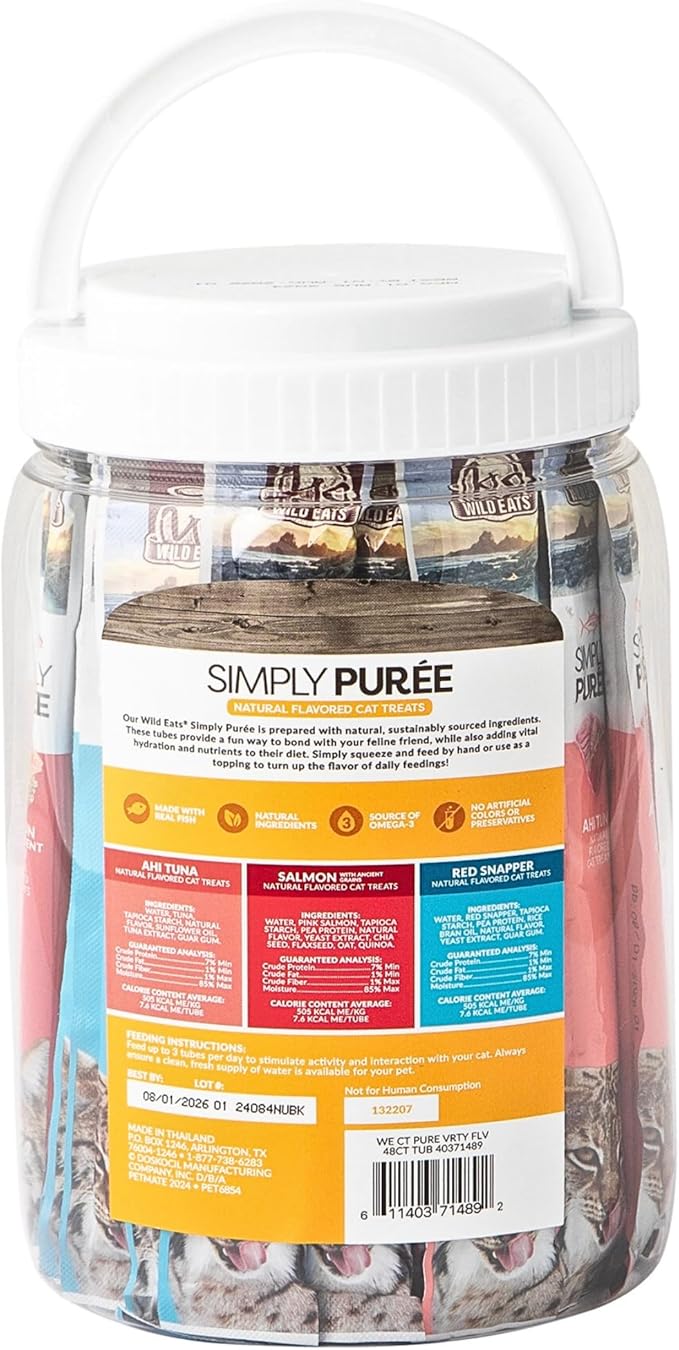 Wild Eats Simply Puree Variety Tub for Cats | 48 Individual Servings of All-Natural, High-Protein Puree Treats | Includes Multiple Flavors | Grain-Free, No Artificial Additives, Smooth Texture
