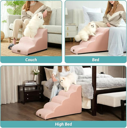 Dog Stairs for Small Dogs 19.7" H, Curved Dog Step for Puppy, Older or Cat, Medium Pet Ramp for Sofa, Couch or Bed, Ladder with High Density Foam, 4 Step, 15.7x28.3x19.7 inch, Pink