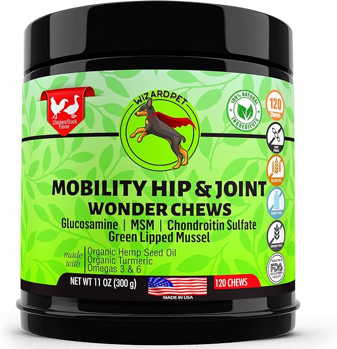 WIZARDPET Advanced Hemp Hip and Joint Supplement for Dogs Hemp Oil Glucosamine Chondroitin for Dog Omegas Turmeric MSM Green Lipped Mussel Made in USA Treats Support Mobility 120 Chews