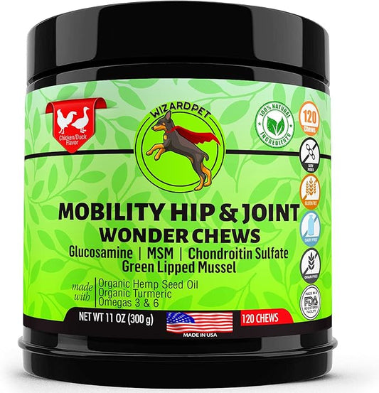 WIZARDPET Advanced Hemp Hip and Joint Supplement for Dogs Hemp Oil Glucosamine Chondroitin for Dog Omegas Turmeric MSM Green Lipped Mussel Made in USA Treats Support Mobility 120 Chews