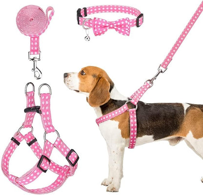 BINGPET Dog Harness Collar Leash Set,Adjustable No Pull Escape Proof Small Dog Harness,Classic Plaid Puppy Harness and Leash Set for Small Medium Large Dogs Training Easy Walk Running(Polka Dots,M)