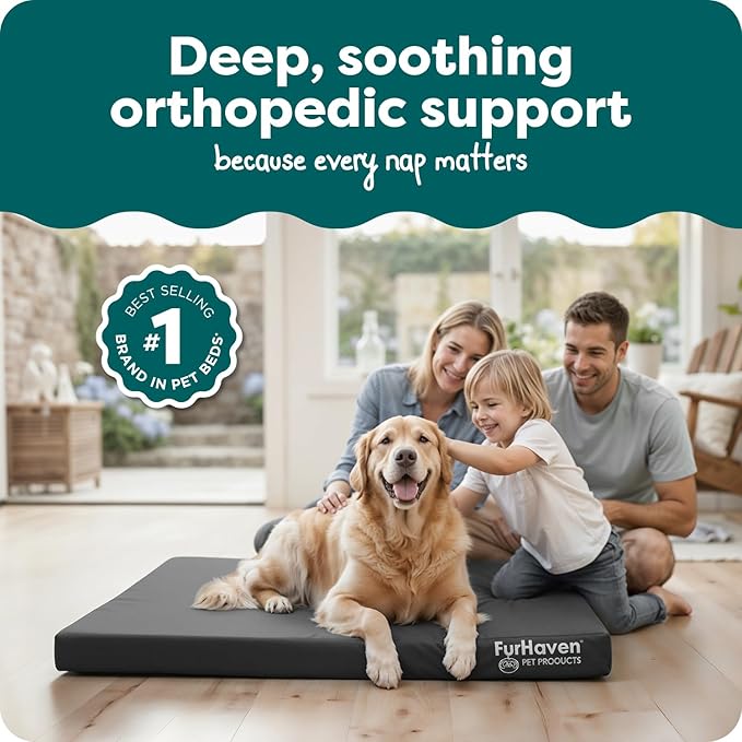 Furhaven Water-Resistant Orthopedic Dog Bed for Large Dogs w/ Removable Washable Cover, For Dogs Up to 95 lbs - Indoor/Outdoor Logo Print Oxford Polycanvas Mattress - Stone Gray, Jumbo/XL