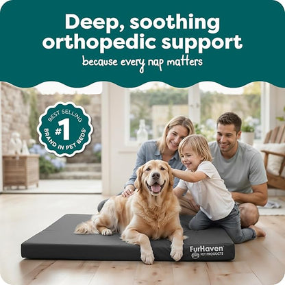 Furhaven Water-Resistant Orthopedic Dog Bed for Large Dogs w/ Removable Washable Cover, For Dogs Up to 95 lbs - Indoor/Outdoor Logo Print Oxford Polycanvas Mattress - Stone Gray, Jumbo/XL