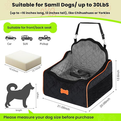 koneboss Dog Car Seat for Small Dogs Under 30lbs, Detachable Washable Pet Booster Seat with Safety Belt & Storage Pockets, Travel Car Bed, Black/Grey