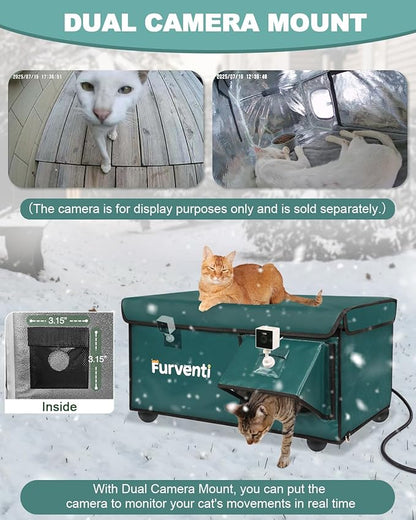 Heated Cat House for Outside with Dual Doors, Insulated Cat House Outdoor with Heating Pad, Weatherproof Heated Outdoor Cats Houses Weatherproof for Feral Cats (Deep Green, 17.5" L x 12" W x 13" H)