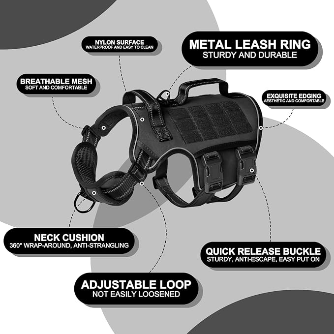 Dog Harness for Large Dogs Heavy Duty, No Pull Tactical Dog Harness with Molle System, Easy On and Off Service Dog Vest, Breathable Padded, Adjustable Reflective Pet Vest for Walking Hiking Training