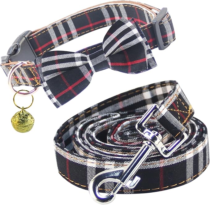 Yizepet Dog Collar and Leash Set-Plaid Puppy Collar with Bow Tie - Adjustable pet Collar for Dogs with Bell, Stylish Pattern for Small Medium or Large Boy and Girl Dog