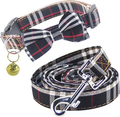 Yizepet Dog Collar and Leash Set-Plaid Puppy Collar with Bow Tie - Adjustable pet Collar for Dogs with Bell, Stylish Pattern for Small Medium or Large Boy and Girl Dog