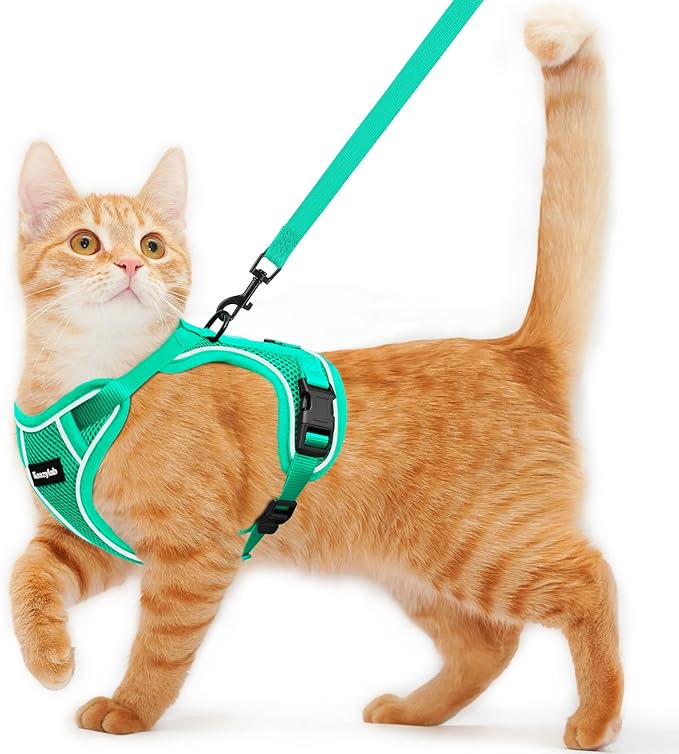 Cat Harness and Leash for Walking Escape Proof Soft Adjustable Cat Leash Breathable Comfortable Vest Easy to Wear Kitten Harness for Outdoor Travel Emerald S