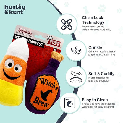 Huxley & Kent Halloween Funny Dog Toy w/Squeaker – Power Plush Squeaky Dog Toys for Small Dogs – Durable Small Stuffed Animal for Indoor Play & Fetch - Tiny Tuff Witch's Harvest 2pk