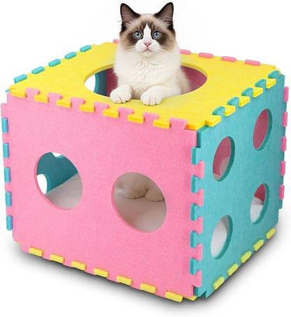 MOYMO Cat Houses for Indoor Cats, Cute Cat Bed Cave with Soft Pillow, Cat Cube for Multiple Large Cats, Fun Dice Shaped, 17 Inches
