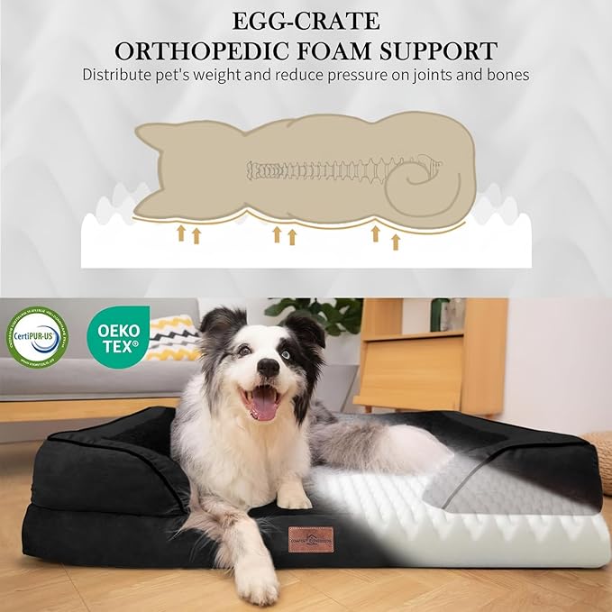 Comfort Expression Orthopedic Dog Bed for Extra Large Dogs 53x42 Inch, Waterproof Supportive Egg Crate Foam XXL Pet Bed with Removable Bolsters, Dog Couch with Washable Cover & Non-Slip Bottom, Black