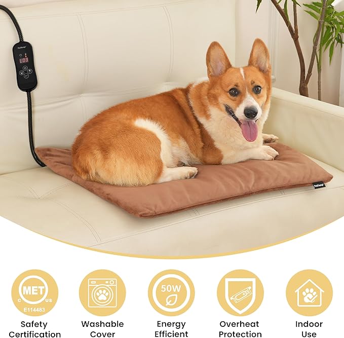 PetTemp Large Dog Heating Pad & Heated Pet Bed for Big Dogs and Multiple Pets, Waterproof Pet Heating Pad with 5 Adjustable Heat Settings, Timer, Auto Shut-Off and Chew Resistant Cord, 26'' x 20''