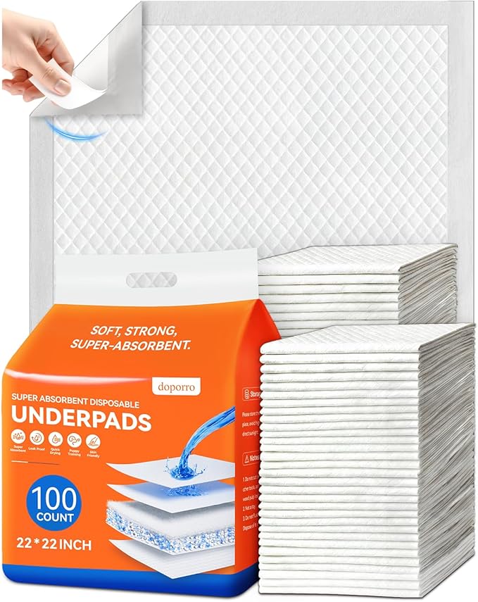 Disposable Potty / Pee Pads for Puppy Dog Training, 6-Layer Super Absorbent & Leak Proof, Odor Block Cat Pee Pads for Pet with Anti-Slip Adhesive Strips, 22''x22'' 100 Count, White