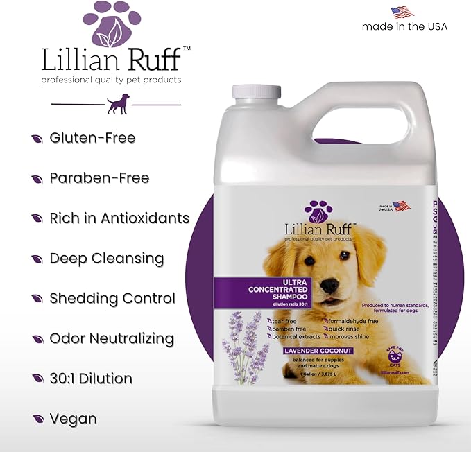 Lillian Ruff PRO Formula Ultra Concentrated Dog Shampoo – Makes 4 Gallons/30 Bottles, 30:1 Dilution, Professional Pet Shampoo for Sensitive Skin | Deodorizing & pH-Balanced Made in USA Gallon+Pump