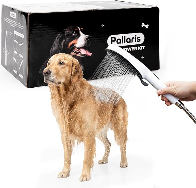Dog Shower Attachment with 4 Spray Modes, 6.5ft Stainless Steel Hose & Metal Diverter – Easy-Install Kit with Grooming Gloves and Absorbent Microfiber Pet Towel – Indoor/Outdoor Use