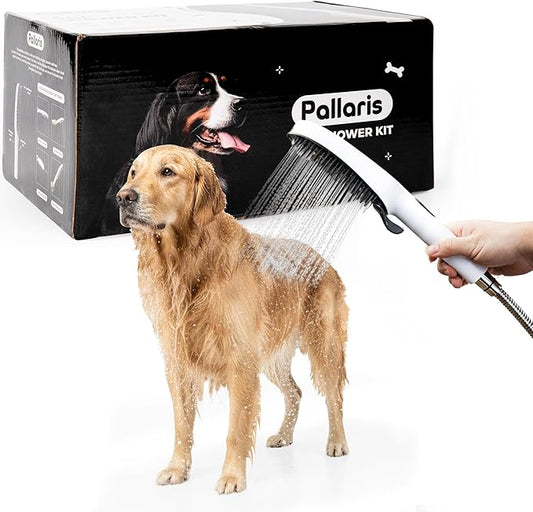 Dog Shower Attachment with 4 Spray Modes, 6.5ft Stainless Steel Hose & Metal Diverter – Easy-Install Kit with Grooming Gloves and Absorbent Microfiber Pet Towel – Indoor/Outdoor Use