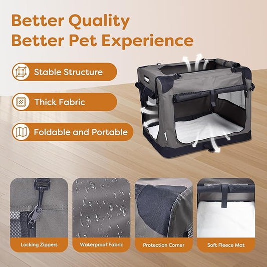 JESPET Soft Cat Crates Kennel, 3 Door Soft Sided Folding Travel Pet Carrier with Straps and Fleece Mat for Dogs, Cats(Dark Grey, Medium(27" L x 20" W x 20" H))