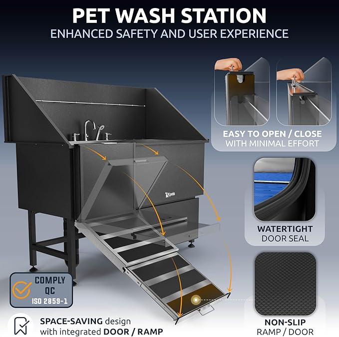 KANIS Professional Dog Washing Station - 304 Stainless Steel Pet Wash Sink & Grooming Bathtub w/Shower, Floor Grates and Storage for Large, Medium & Small Pets (61, Black 1 Drawer - Left RAMP)