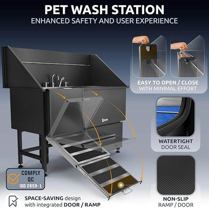 KANIS Professional Dog Washing Station - 304 Stainless Steel Pet Wash Sink & Grooming Bathtub w/Shower, Floor Grates and Storage for Large, Medium & Small Pets (61, Black 1 Drawer - Left RAMP)