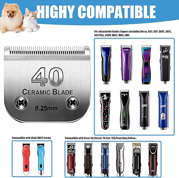 Dog Grooming Replacement Blades Compatible with Andis Dog Clipper, Dog Clipper Blades Compatible with Oster A5,Wahl KM-10 Series Dog Clipper,#40 Blades (0.25mm)