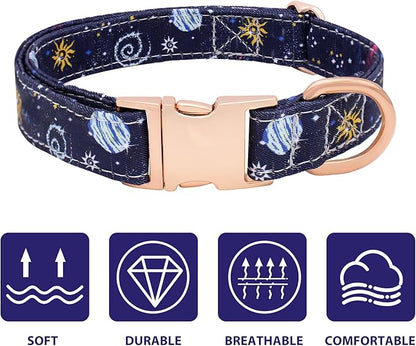 Dog Collar and Leash Set Adjustable Girls Puppy Floral Collars with Bow Tie for Small Medium Large Dogs(S, Blue Planet)