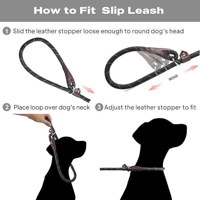 TwoEar 6FT Slip Lead Dog Leash, Heavy Duty Slip Leash for Dogs with Highly Reflective, Strong Rope Slip Leads No Pull Pet Training Leashes for Small Dogs (3/8", Black)