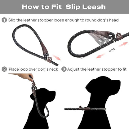 TwoEar 6FT Slip Lead Dog Leash, Heavy Duty Slip Leash for Dogs with Highly Reflective, Strong Rope Slip Leads No Pull Pet Training Leashes for Large Medium Dogs (1/2", Black)