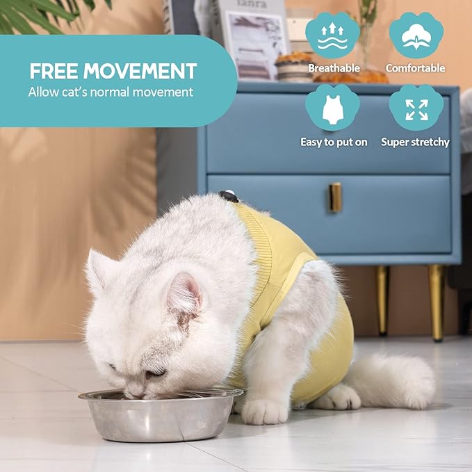 Avont Cat Recovery Suit - Kitten Onesie for Cats After Surgery, Cone of Shame Alternative Surgical Spay Suit for Female Cat, Post-Surgery or Skin Diseases Protection -Yellow(M)