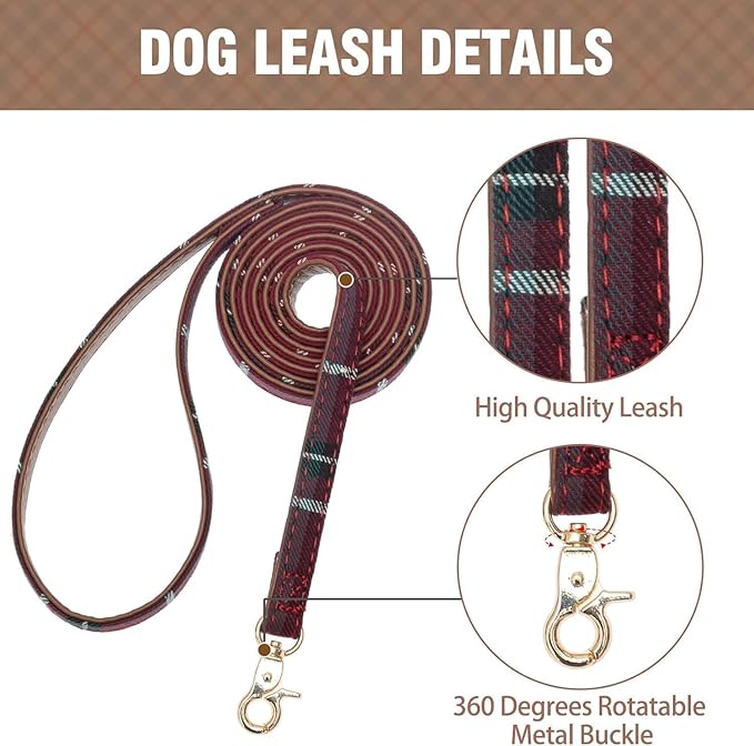 KOOLTAIL Small Dog Collar and Leash Set with Bowtie and Bells - Cute Puppy Bandana Collar and Leash for Female with Classic Plaid Pattern,Soft Leather Tangle Free Leashes for Small Dogs Boys Girls,Red