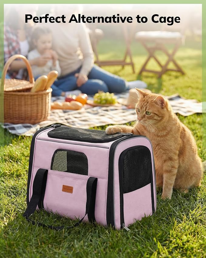 Morpilot Portable Cat Carrier - Soft Cat Carrier for Medium Cats and Puppy up to 15lbs,with Dual-Sided Cushion, Secure Buckle and Foldable Bowl, Dog Carriers for Small Dogs - Pet Carrier (Pink)