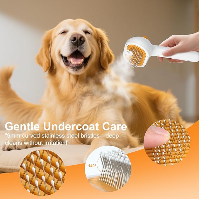 Pet Steam Brush for Dog & Cat - 3-in-1 Steam Grooming Brush for Shedding & Hair Removal - Pet comb leave-in serum with Mist for Long Haired Pets - Includes 2*Waterless Shampoo, Yellow