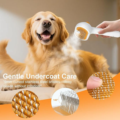 Pet Steam Brush for Dog & Cat - 3-in-1 Steam Grooming Brush for Shedding & Hair Removal - Pet comb leave-in serum with Mist for Long Haired Pets - Includes 2*Waterless Shampoo, Yellow