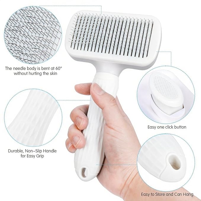Self Cleaning Slicker Brush, Dog Cat Bunny Pet Grooming Shedding Brush, Easy to Remove Loose Undercoat, Pet Massaging Tool Suitable for Pets with Long or Short Hair (White)