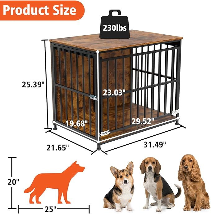 31.5" Dog Crate Furniture with Flip Door, Wooden Dog Kennel Indoor, Heavy Duty Pet Cage for Small Medium Dogs, Double Door Pet House End Table, Rustic Brown