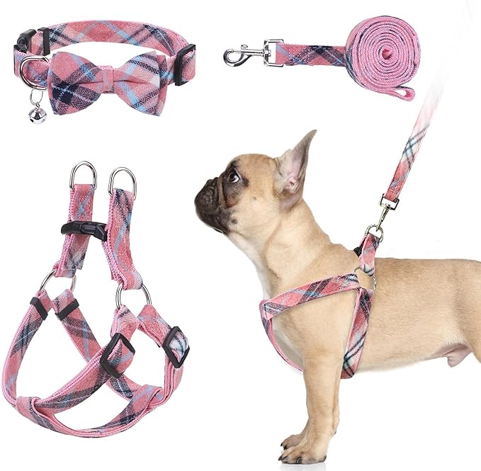 BINGPET Dog Harness Collar Leash Set,Adjustable No Pull Escape Proof Small Dog Harness,Classic Plaid Puppy Harness and Leash Set for Small Medium Large Dogs Training Easy Walk Running(Pink,S)