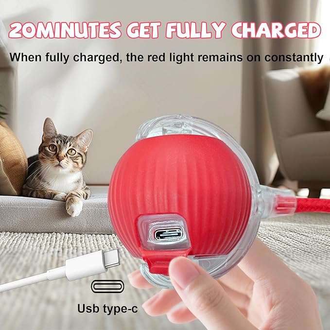 FUICZSN Automatic Interactive Cat Toys Ball, Motion Activated Kitten Toys with Twitchy Tail, 3 Speed Modes & Rechargeable Battery, Fun Indoor Cat Enrichment Toys for Small Medium Large Cats (Red)