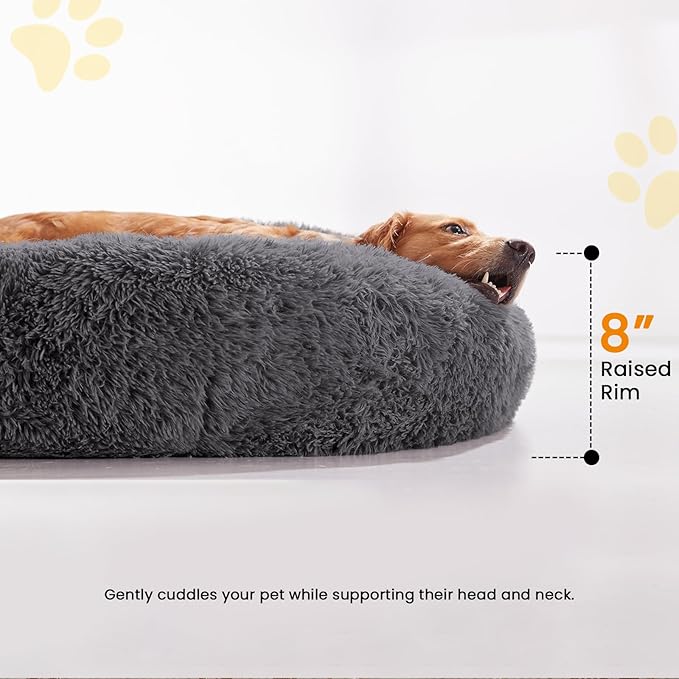 Calming Dog Beds for Large Dogs, Faux Fur Donut Cuddler Dog Bed, Round Fluffy Pillow, Washable Pet Bed for Dogs Up to 80Lbs, 36inch